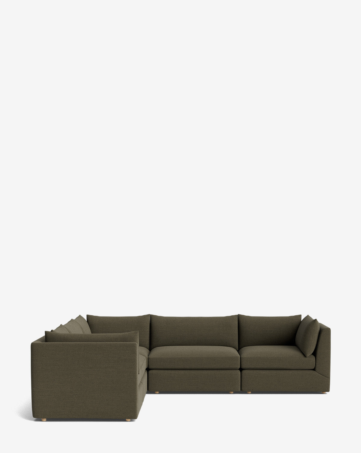The Vivienne Modular L Sectional by Makerspalm is a modern, minimalist sofa with deep olive green upholstery, plush cushions, and low wooden feet, set against a plain white background. McGee & Co.