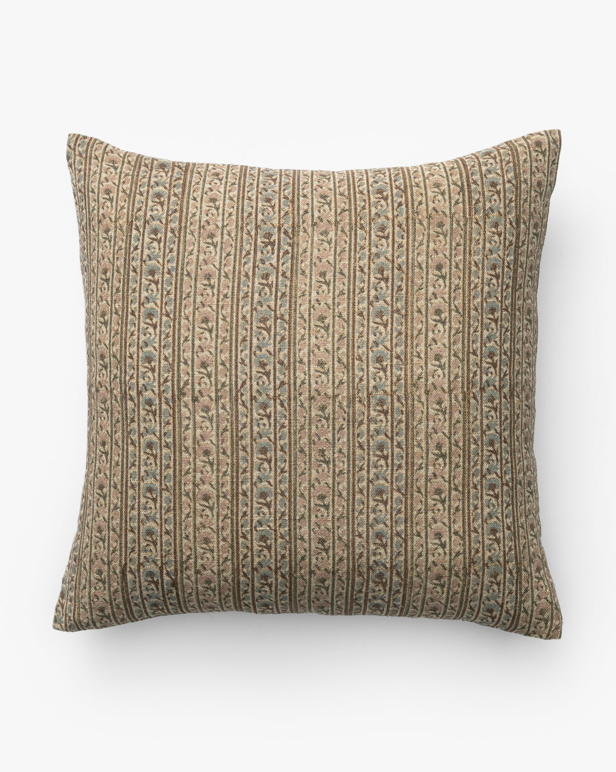 The Wakefield Pillow Cover features a square linen design with a beige background, vertical muted blue and brown stripes, and an intricate floral pattern between the stripes, by McGee & Co.