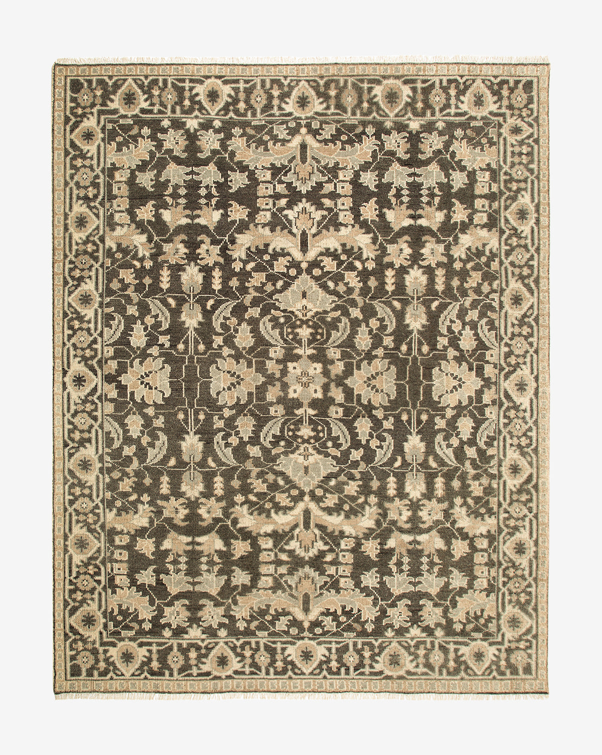 The Wayland Hand-Knotted Wool Rug features an intricate floral and vine pattern in brown and beige, a symmetrical central design, and a decorative border—expertly crafted for elegant appeal, by McGee & Co.