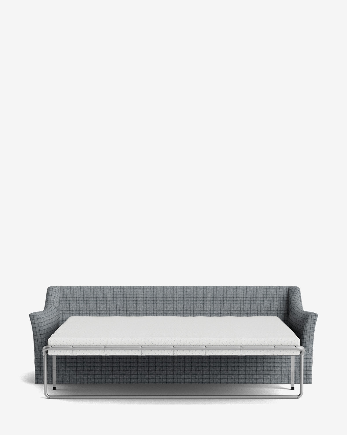 The Wilhelmina Slipcover King Sleeper Sofa, in modern gray grid-patterned fabric, extends into a white mattress to provide a comfortable bed solution against a plain white background by McGee & Co.
