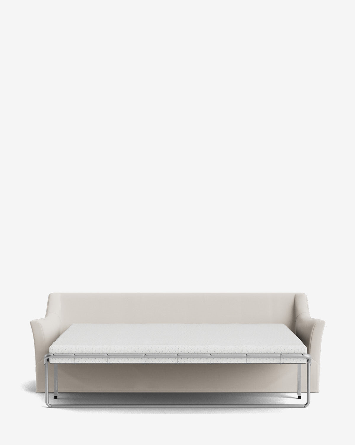 The Wilhelmina Slipcover King Sleeper Sofa features a light beige cover and a metal frame that pulls forward to reveal a spacious, comfortable sleeping surface, by McGee & Co. Set against a plain white background.