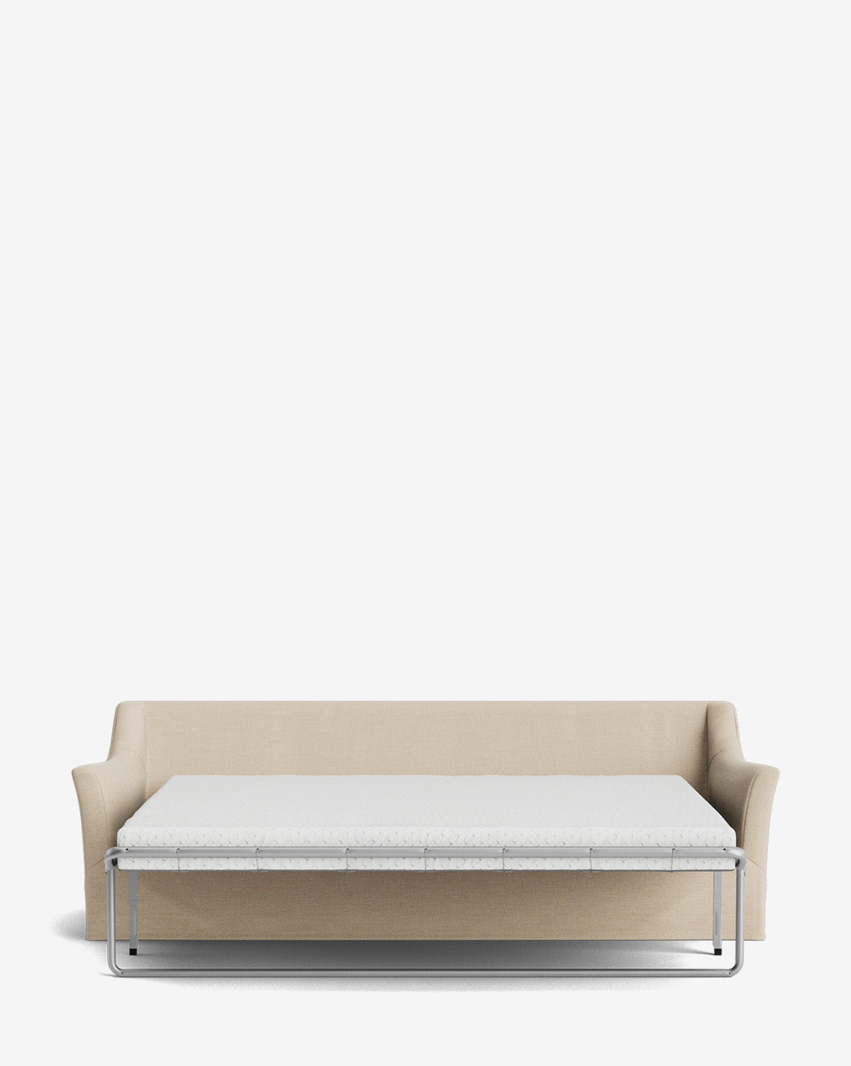 The Wilhelmina Slipcover King Sleeper Sofa in beige is displayed with its mattress extended, showcasing a metal frame and a modern, minimalist design against a plain white background by McGee & Co.