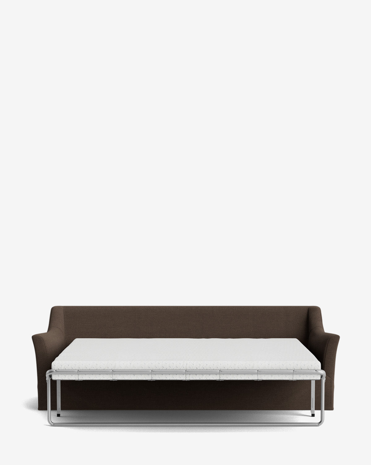 The Wilhelmina Slipcover King Sleeper Sofa, shown in dark brown with its pull-out mattress extended, provides a comfortable bed solution against a plain white background, by McGee & Co.
