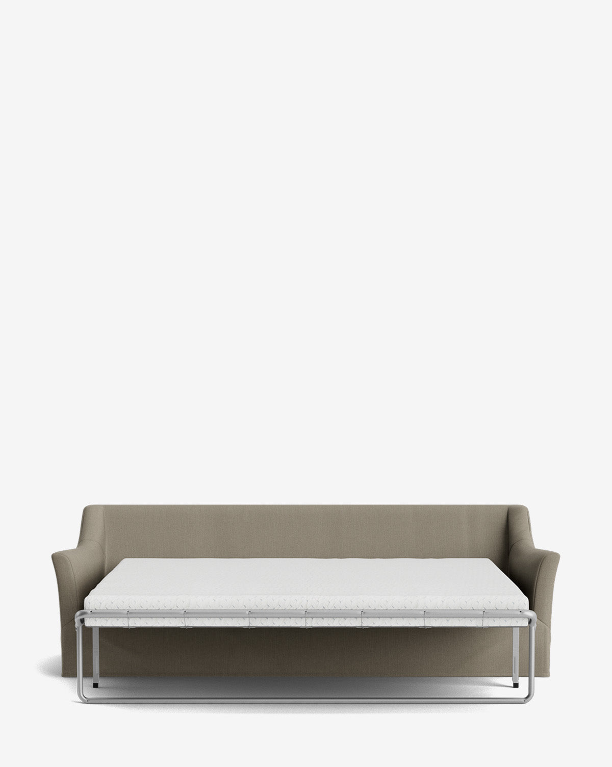 The Wilhelmina Slipcover King Sleeper Sofa, shown against a white background, features gray upholstery and an extended pull-out bed frame with mattress, delivering both style and a comfortable guest bed, by McGee & Co.