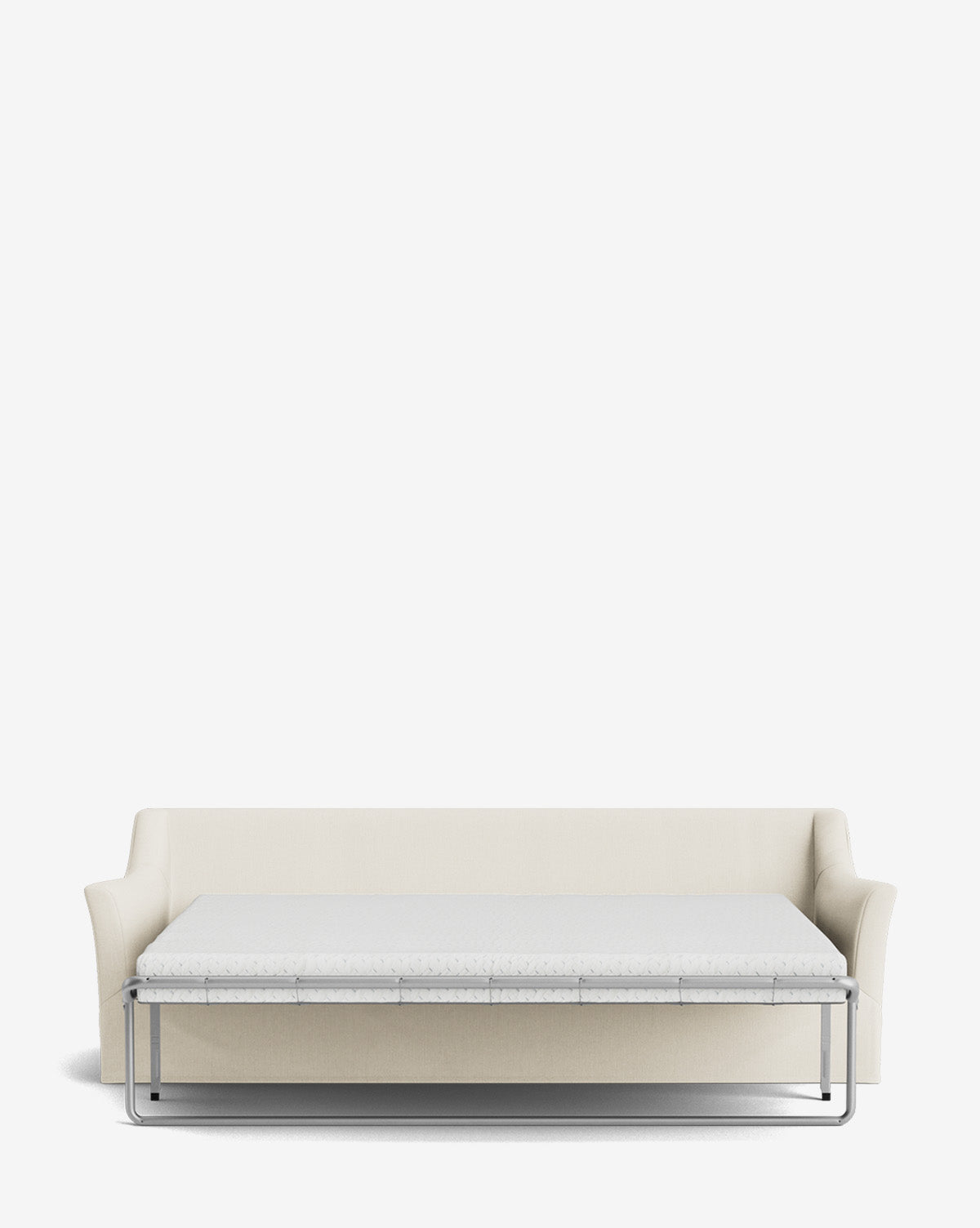 The Wilhelmina Slipcover King Sleeper Sofa, shown in beige with its mattress extended into the open bed position, is displayed against a plain white background by McGee & Co.