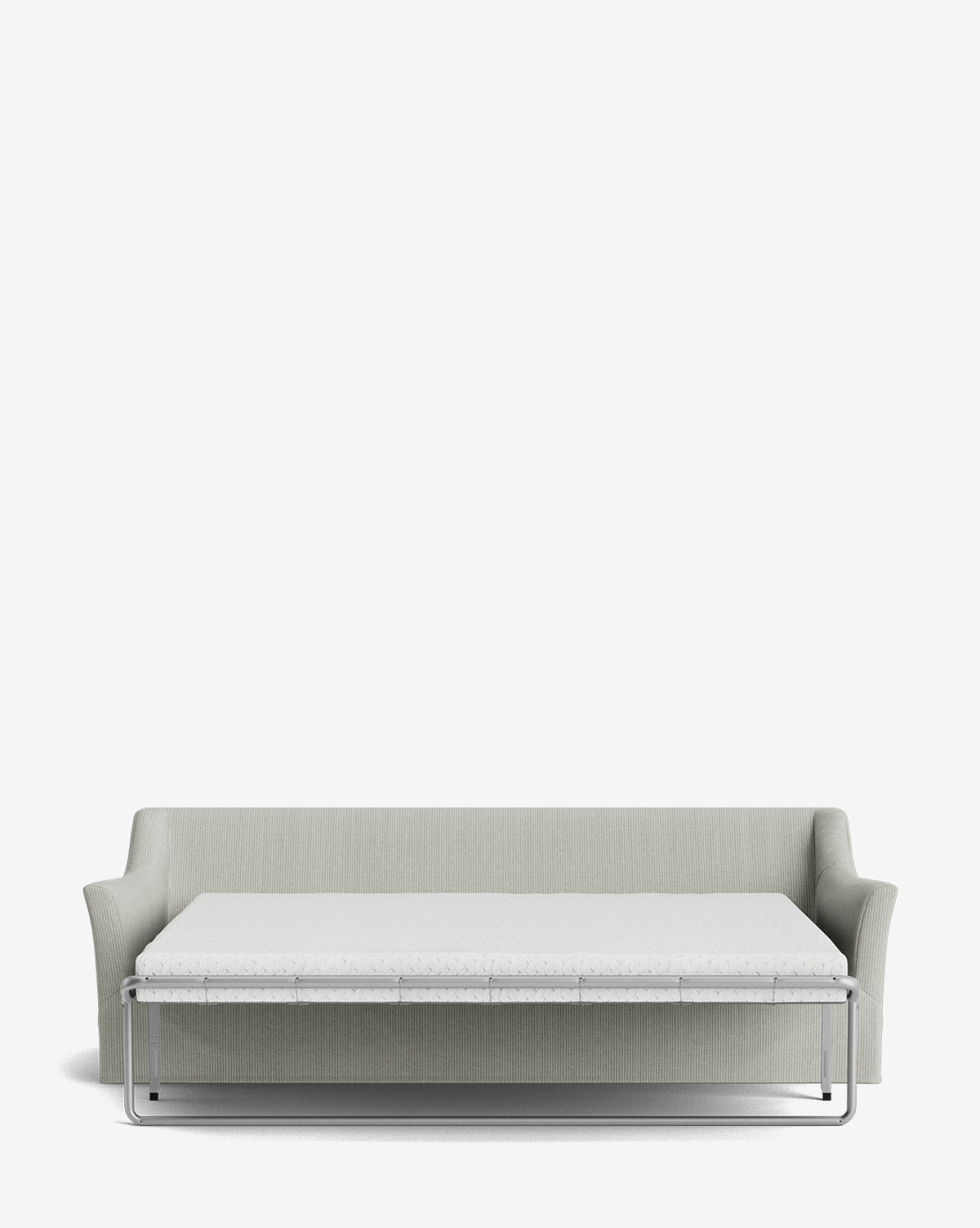 The Wilhelmina Slipcover King Sleeper Sofa, in light grey with slim arms, is shown against a white background with its fold-out bed extended and the comfortable mattress visible, by McGee & Co.