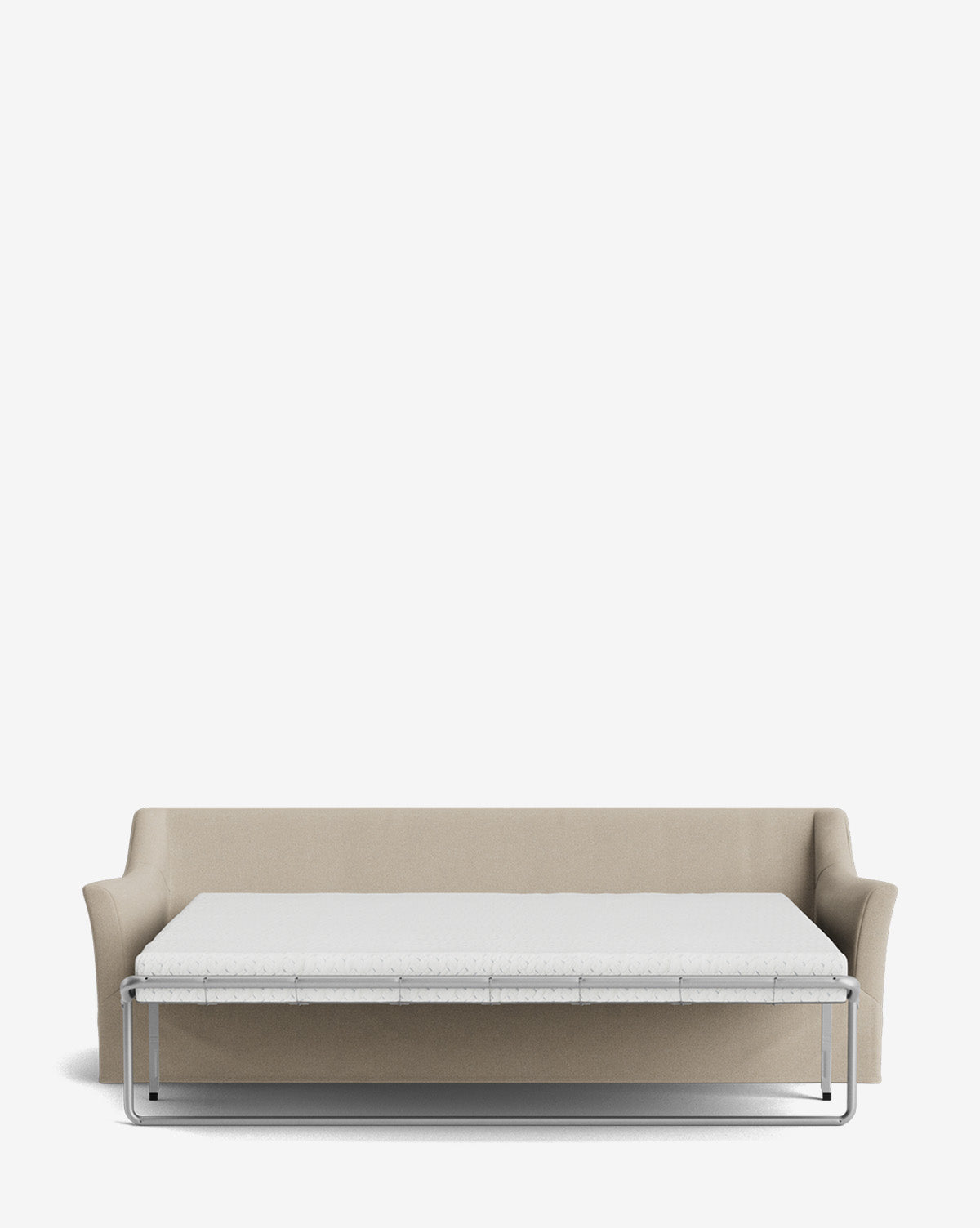 The Wilhelmina Slipcover King Sleeper Sofa in beige features armrests and a metal frame supporting a comfortable bed, displayed open against a plain white background by McGee & Co.