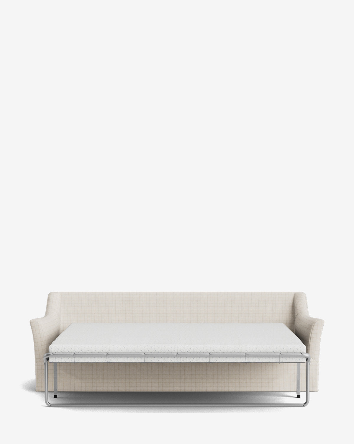 The Wilhelmina Slipcover King Sleeper Sofa, upholstered in beige with slim metal legs, is shown fully extended into a bed, displaying its backrest and armrests against a plain white background, by McGee & Co.