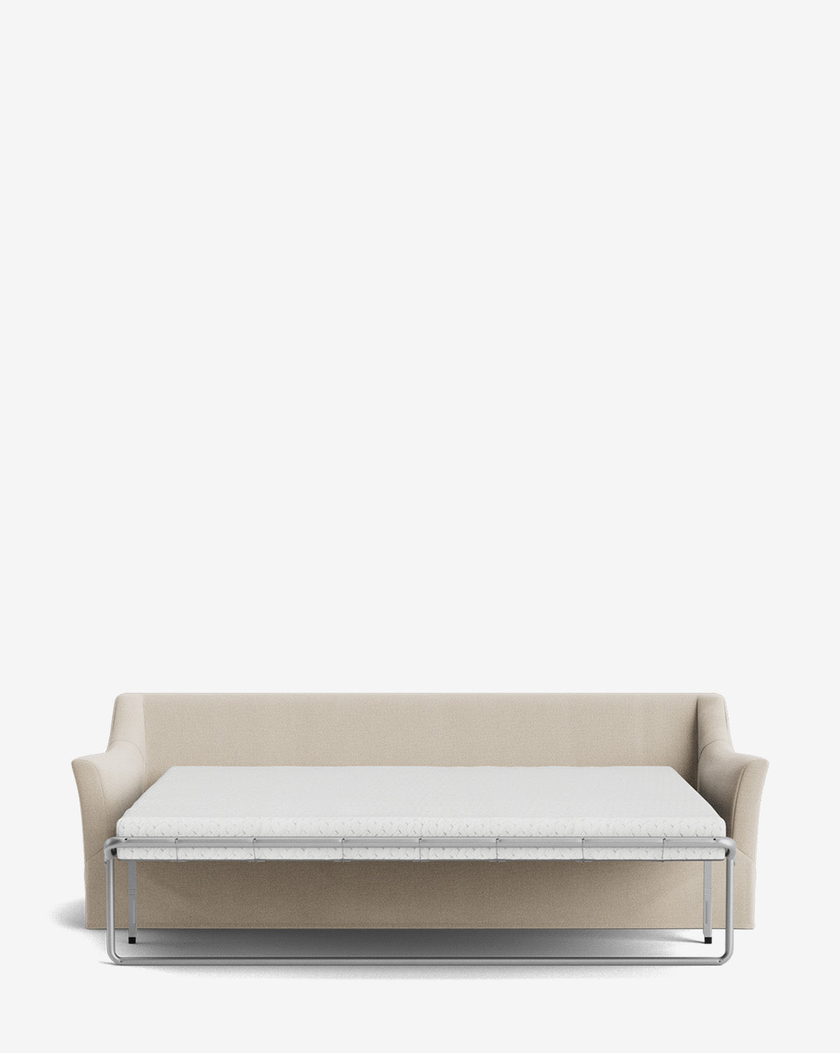 The Wilhelmina Slipcover King Sleeper Sofa in beige features low arms, a pull-out mattress, and a minimalist metal bed frame, shown extended from the front against a plain white background by McGee & Co.