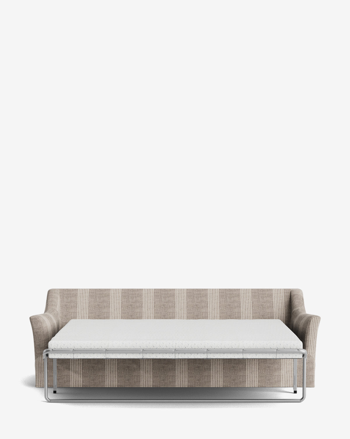 The Wilhelmina Slipcover King Sleeper Sofa, in beige stripes with armrests, is shown with its pull-out bed extended and a white mattress, set against a plain white background, by McGee & Co.