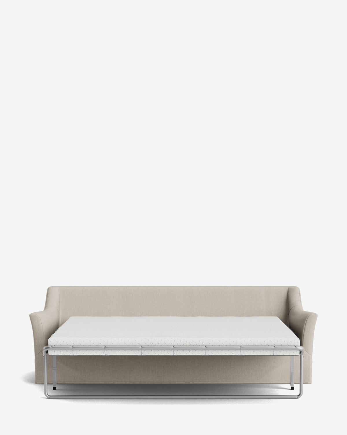 The Wilhelmina Slipcover King Sleeper Sofa, in beige with slim armrests, is shown unfolded as a bed with a metal-supported mattress, set against a plain white background, by McGee & Co.