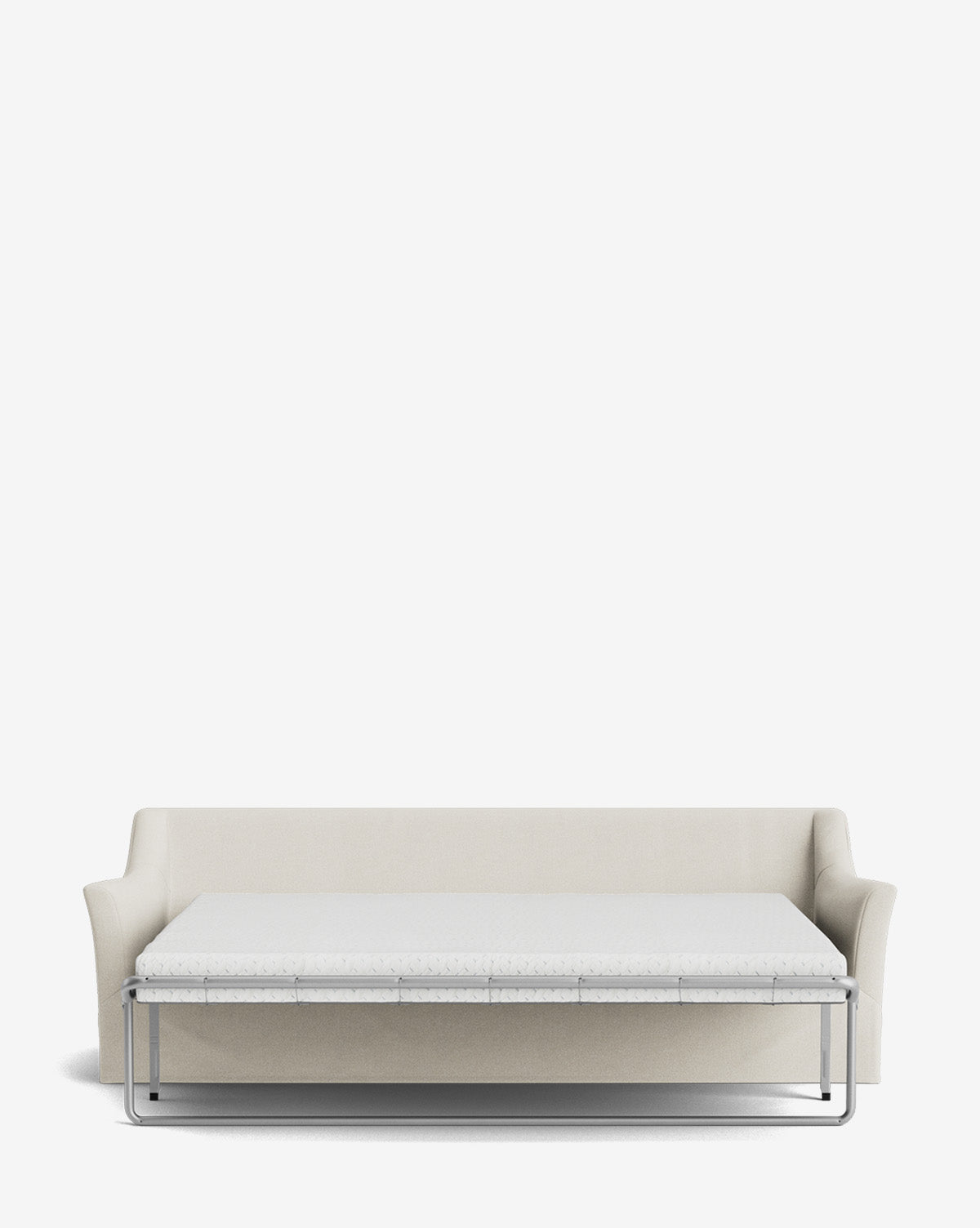 The Wilhelmina Slipcover King Sleeper Sofa in modern beige, with armrests, is fully extended as a bed. It features a sturdy metal frame, a white mattress, and is set against a plain white background, by McGee & Co.