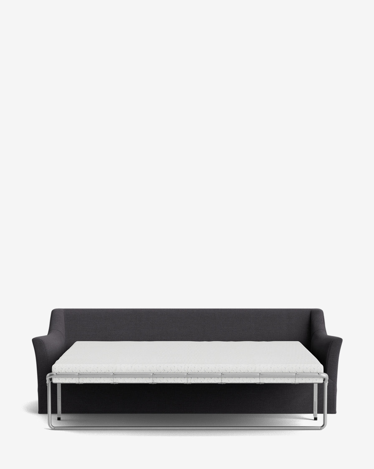 The Wilhelmina Slipcover King Sleeper Sofa, shown in modern dark gray with the mattress extended flat, features square arms and a sleek, minimal design against a plain white background, by McGee & Co.