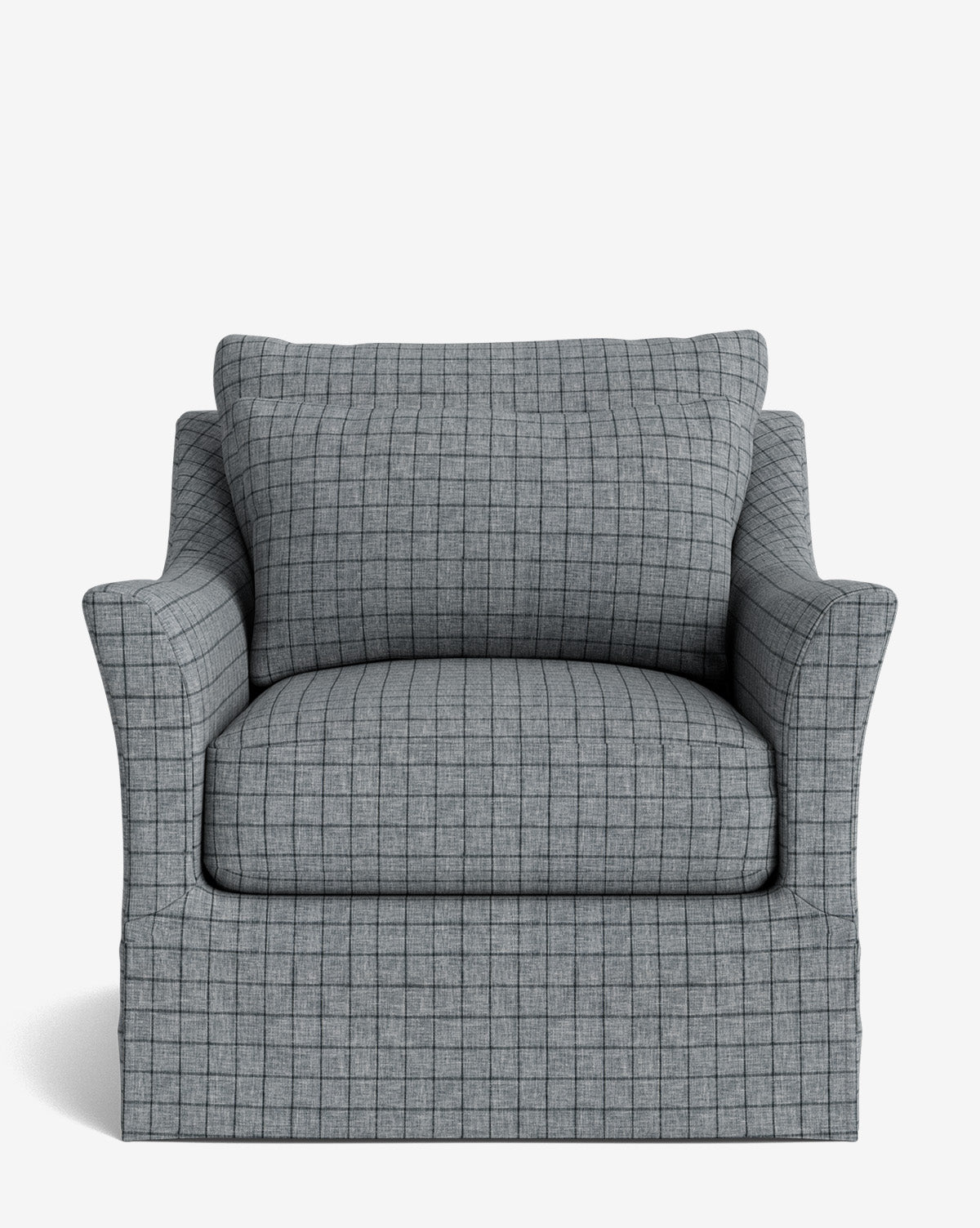 The Wilhelmina Slipcover Swivel Lounge Chair is a gray, checkered upholstered chair with a cushioned seat, matching back cushion, and flared arms in premium fabric, shown against a plain white background by McGee & Co.