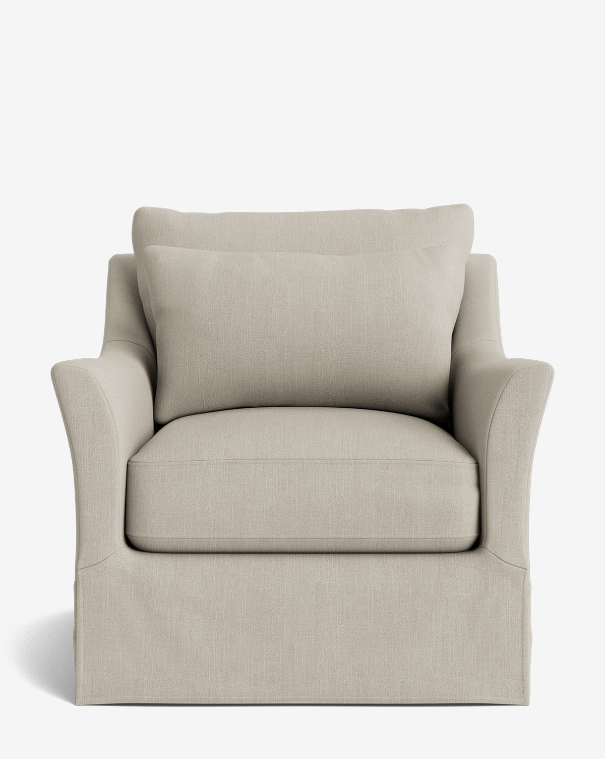 The Wilhelmina Slipcover Swivel Lounge Chair features beige upholstery, a wide cushioned seat, plush back pillow, flared armrests, and high-quality fabric, shown from the front against a plain white background, by McGee & Co.