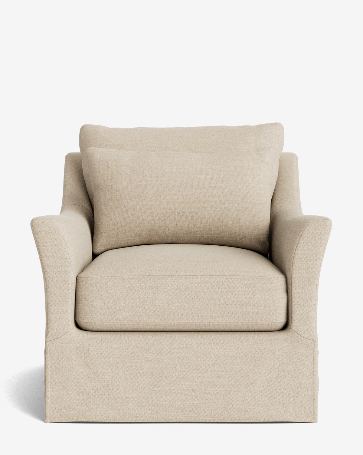 The Wilhelmina Slipcover Swivel Lounge Chair features a beige traditional design with a loose back cushion, flared arms, and a tailored skirt in high-quality fabric, showcased against a white background by McGee & Co.