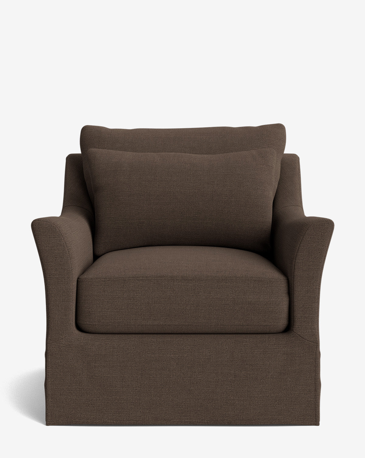 Front view of the Wilhelmina Slipcover Swivel Lounge Chair, upholstered in high-quality fabric with curved arms, cushioned seat, and matching back pillow, shown against a plain white background by McGee & Co.
