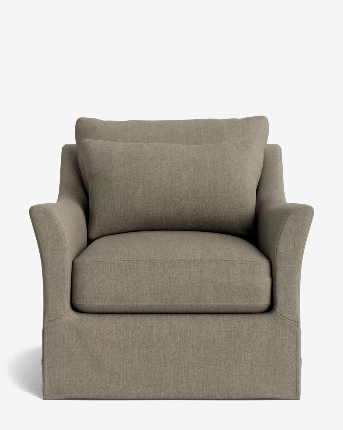 A front-facing view of the Wilhelmina Slipcover Swivel Lounge Chair, featuring modern design, light taupe upholstery, a loose back cushion, and slightly flared arms, set against a plain white background by McGee & Co.