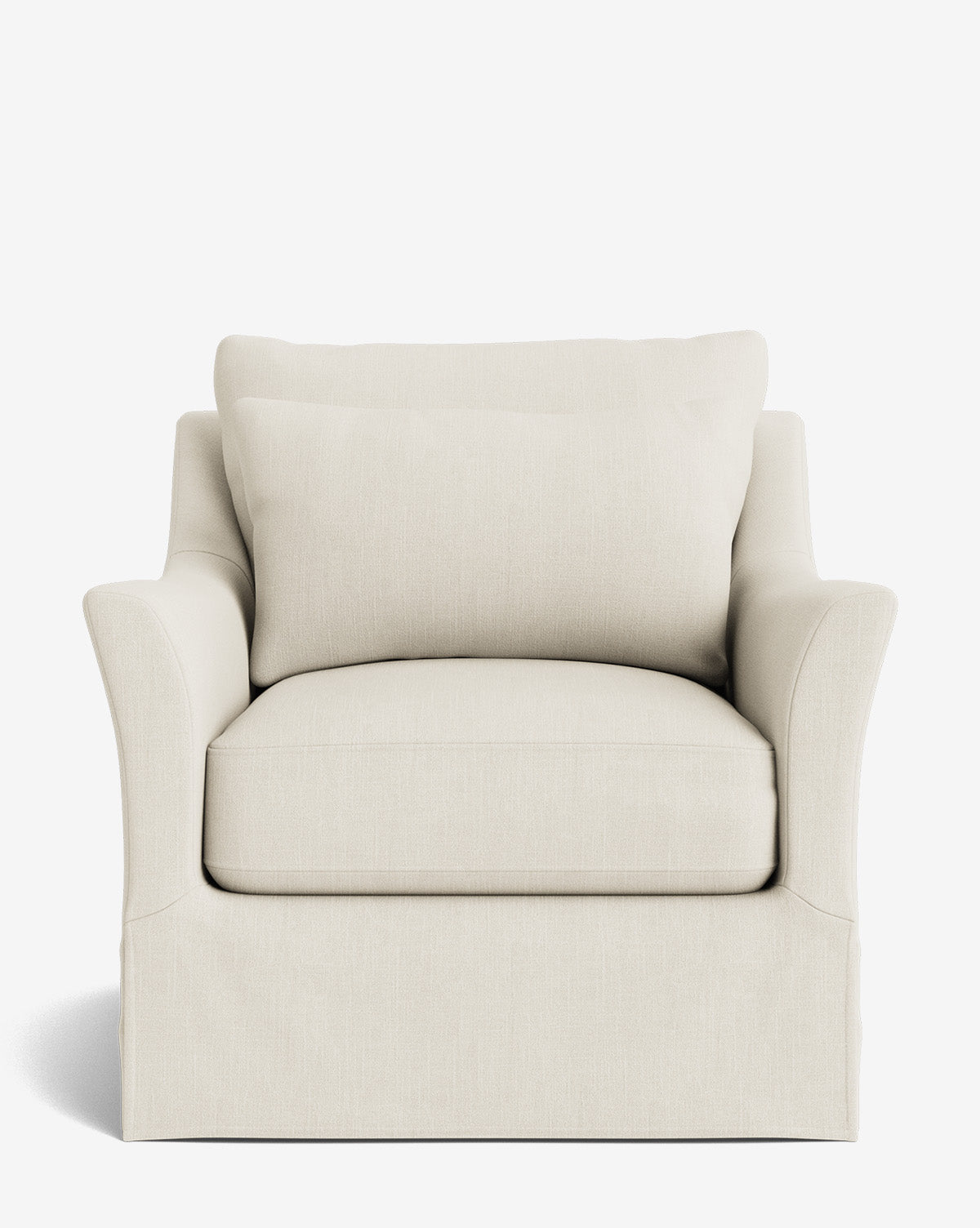The Wilhelmina Slipcover Swivel Lounge Chair features plush cream upholstery, wide flared arms, a loose back cushion, and a tailored skirt, shown against a white background by McGee & Co.