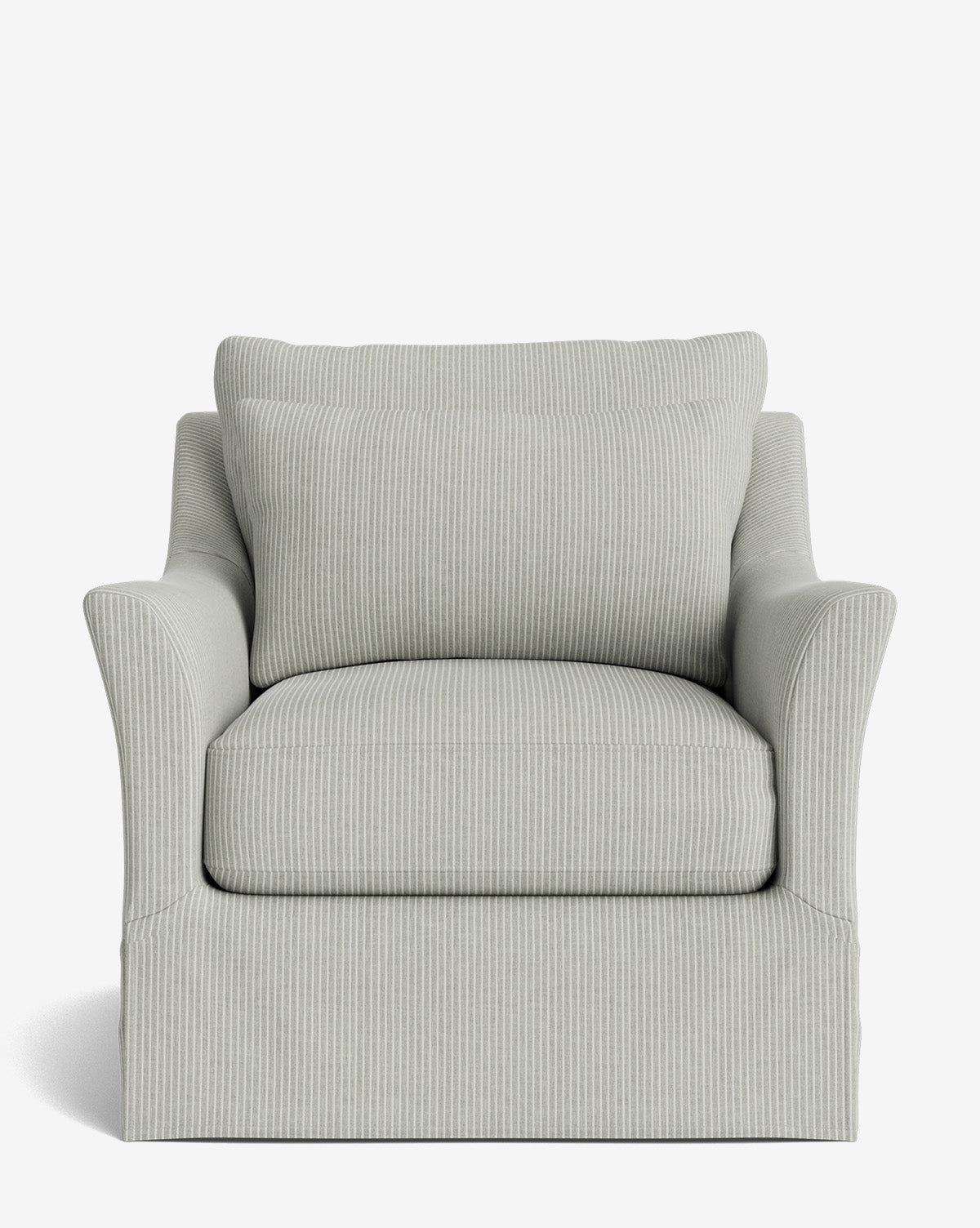 The Wilhelmina Slipcover Swivel Lounge Chair is a light gray traditional chair with subtle vertical pinstripes, plush seat and back cushions, wide armrests, high-quality fabric, and a skirted base, displayed on a plain white background by McGee & Co.
