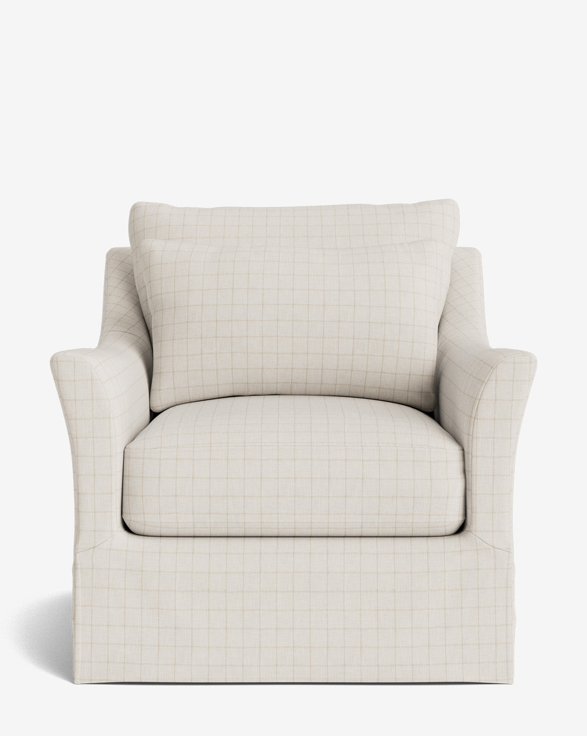 The Wilhelmina Slipcover Swivel Lounge Chair features high-quality fabric with a subtle grid pattern, a wide seat, flared arms, and a plush back cushion, all set against a plain white background by McGee & Co.
