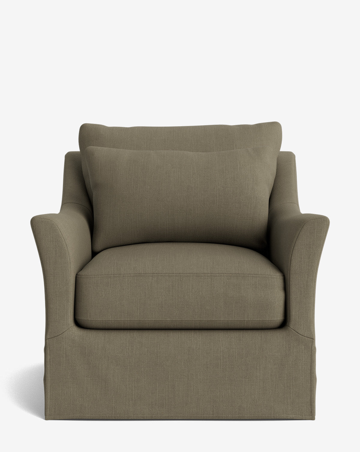A front view of the Wilhelmina Slipcover Swivel Lounge Chair in greenish-brown high-quality fabric, featuring a cushioned seat and backrest, wide arms, and a tailored skirt over the legs, set against a plain white background, by McGee & Co.