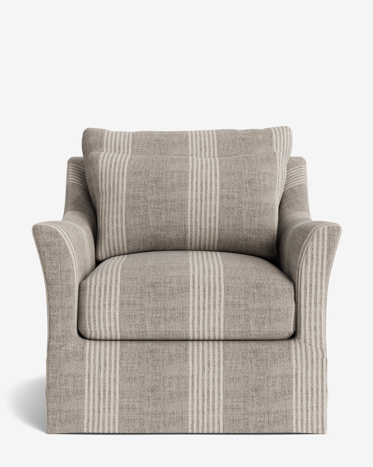 Front view of the Wilhelmina Slipcover Swivel Lounge Chair, upholstered in high-quality beige fabric with wide vertical cream stripes, featuring flared arms and a matching large back cushion, set against a white background by McGee & Co.