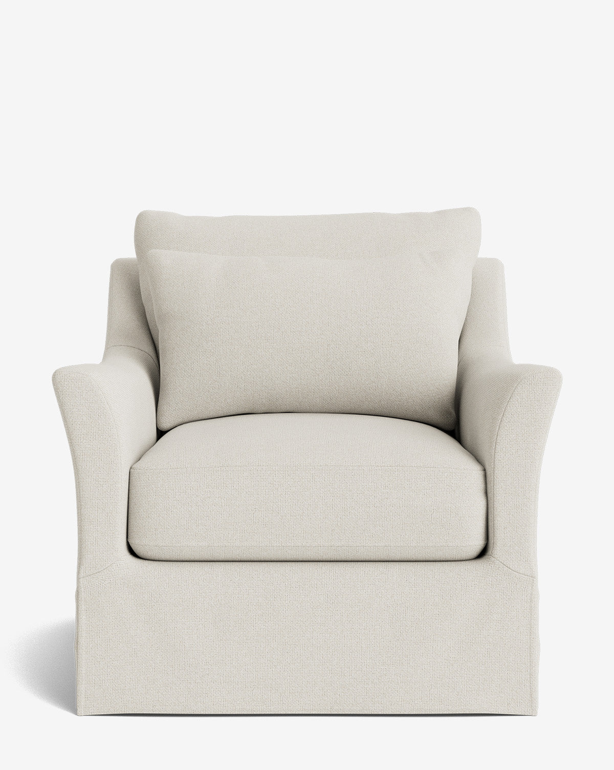 The Wilhelmina Slipcover Swivel Lounge Chair is a modern armchair with flared arms, plush cushioned seat, matching back pillow, and high-quality fabric upholstery, shown against a white background by McGee & Co.