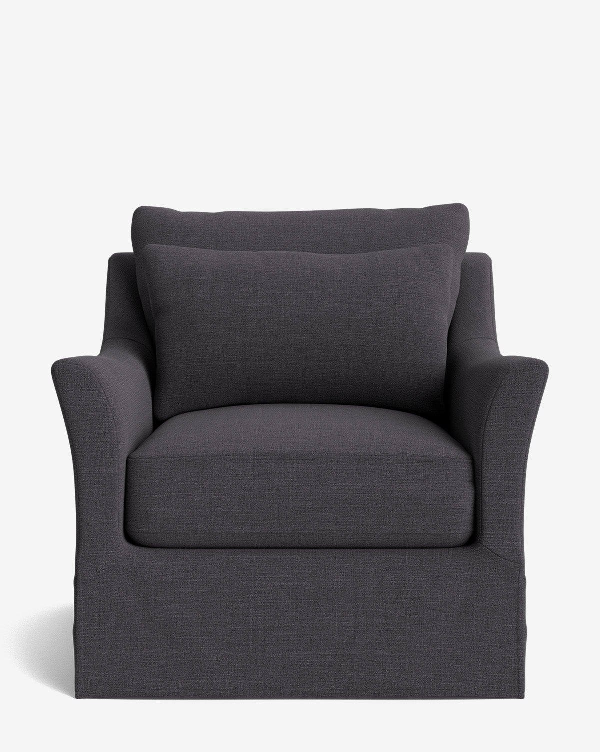 The Wilhelmina Slipcover Swivel Lounge Chair is a modern, dark gray upholstered armchair with wide armrests, a cushioned seat, and a matching backrest pillow crafted from high-quality fabric, shown front-facing on a plain white background by McGee & Co.