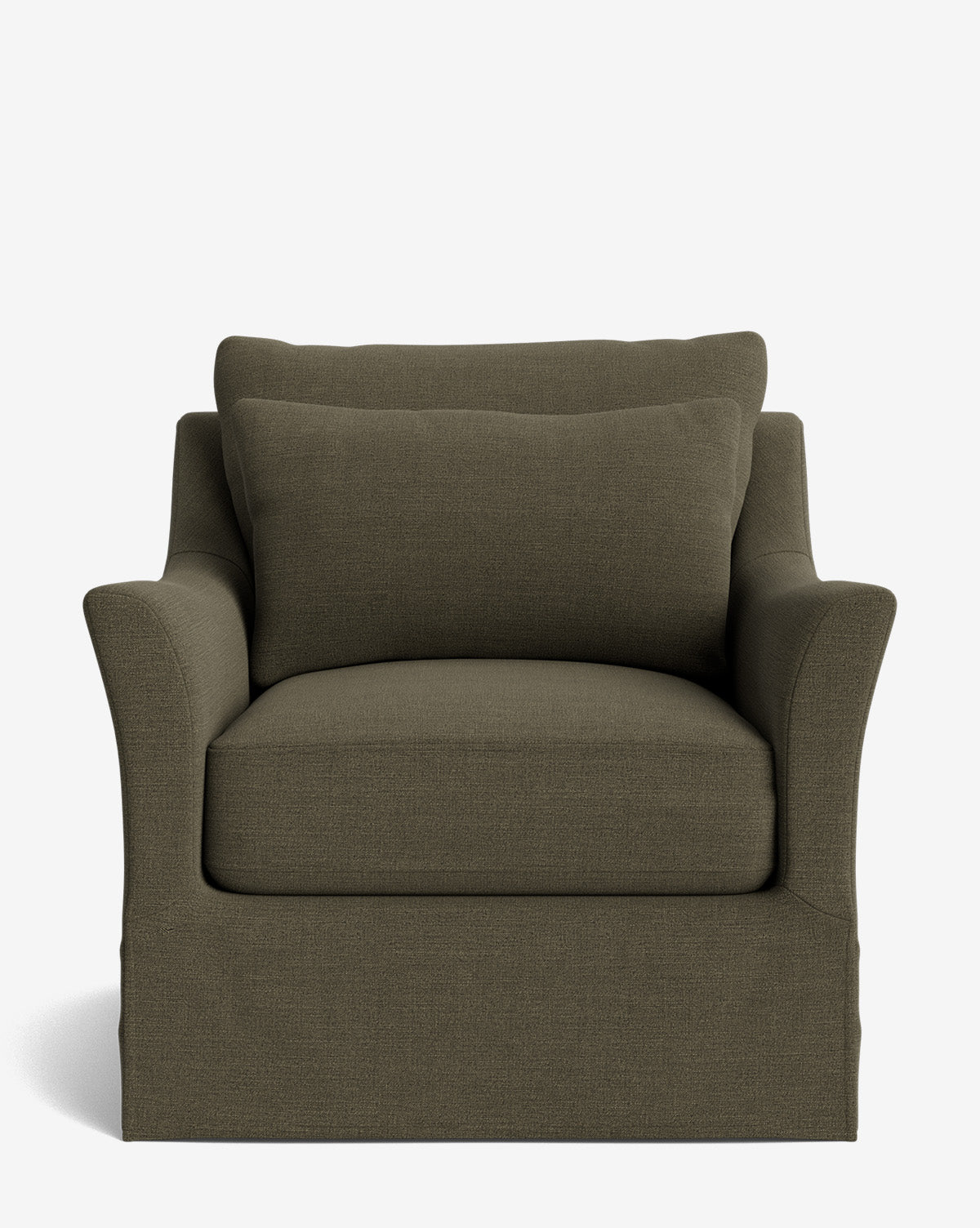 A front view of the Wilhelmina Slipcover Swivel Lounge Chair in dark olive green shows its plush seat and back cushion, slightly flared arms, and tailored skirt in premium fabric, all set against a plain white background by McGee & Co.
