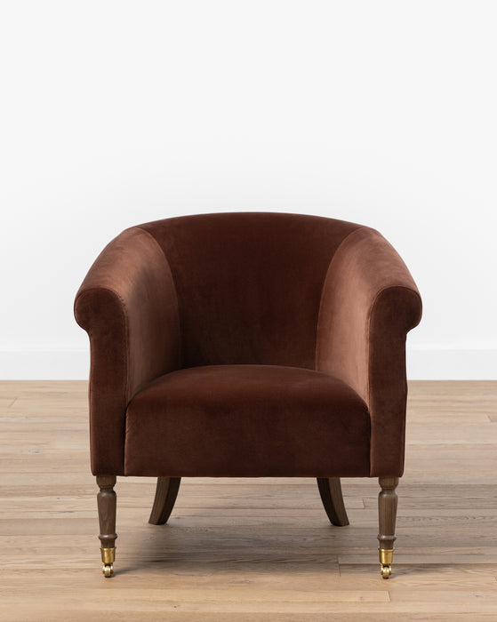 Small comfortable velvet armchair or dining chair with full upholstery