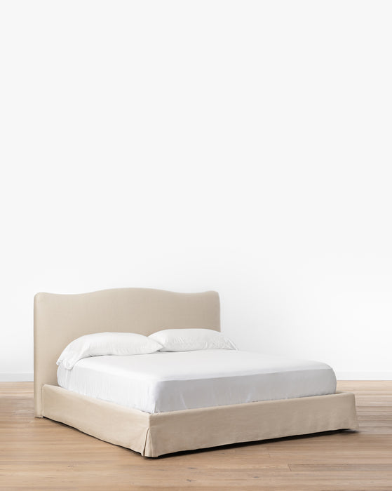 upholstered bed, linen bed, oatmeal linen, bedroom furniture 